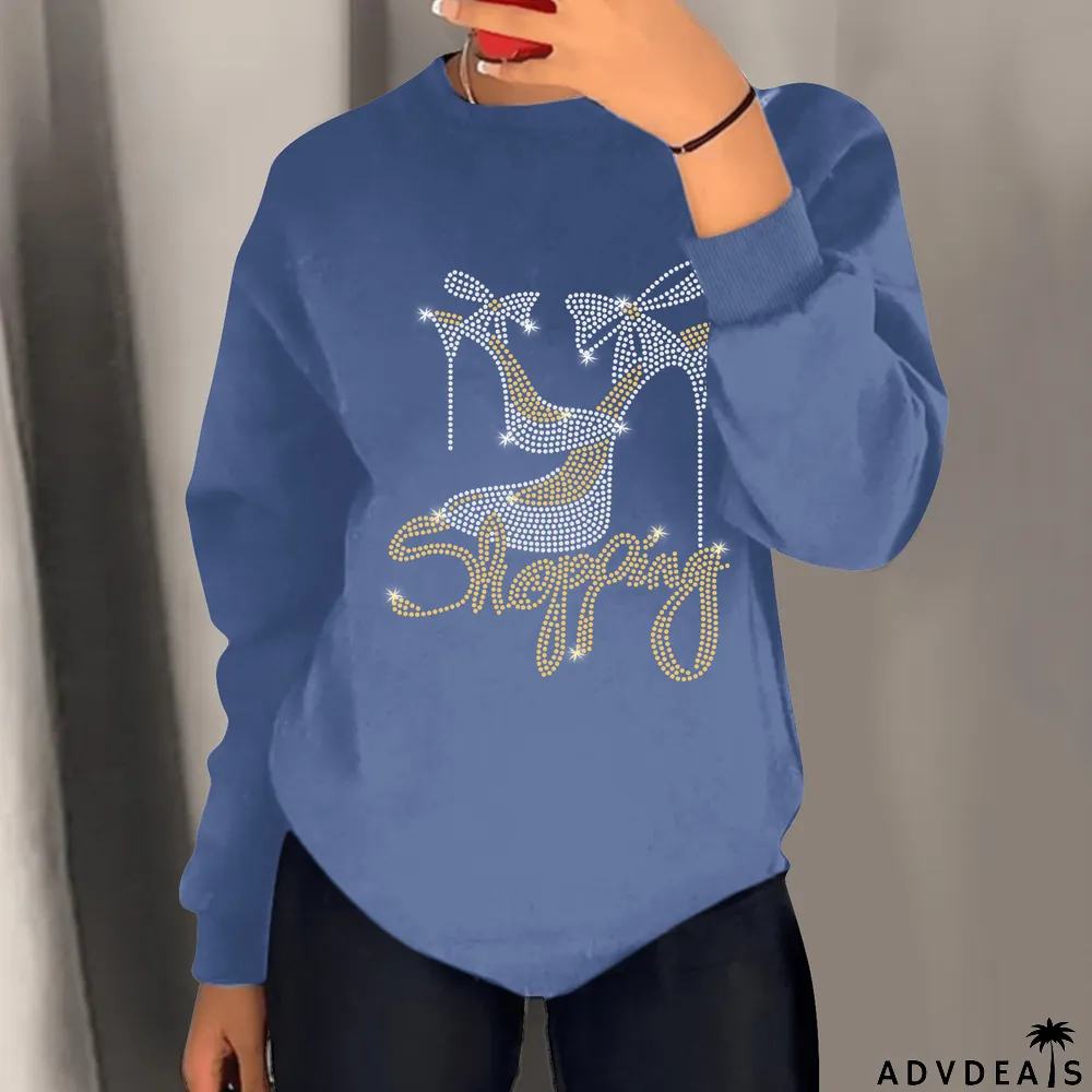 Diamond-studded Long-sleeved Casual Loose Round Neck Sweater