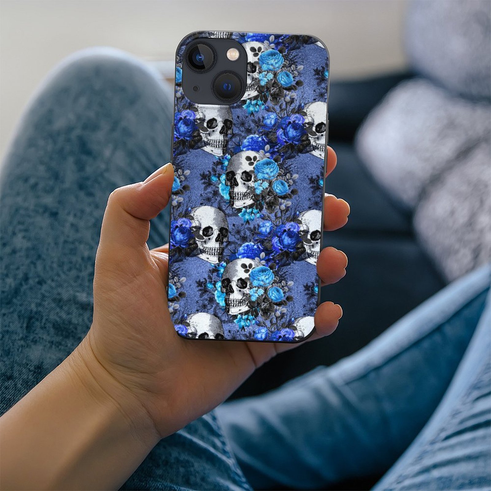 Gothic Blue Skull And Roses Printed TPU Phone Case For Apple Iphone 15/14/13/12 Pro Max Coolcoshirts