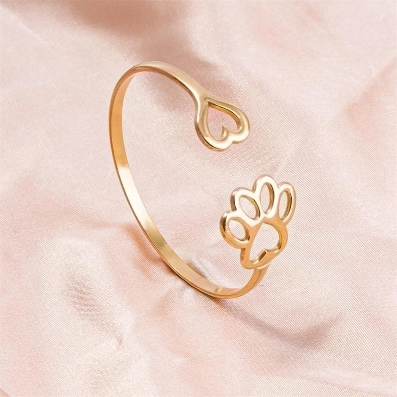 Minimalist Paw Print Heart Shape 304 Stainless Steel 18K Gold Plated Bangle In Bulk