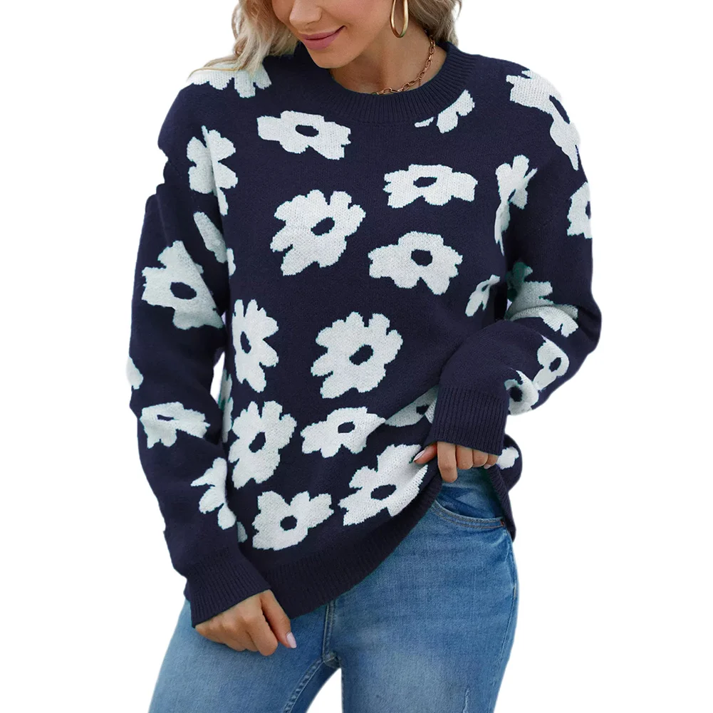 Navy Blue Flower Print Crew Neck Long Sleeve Knit Sweater
