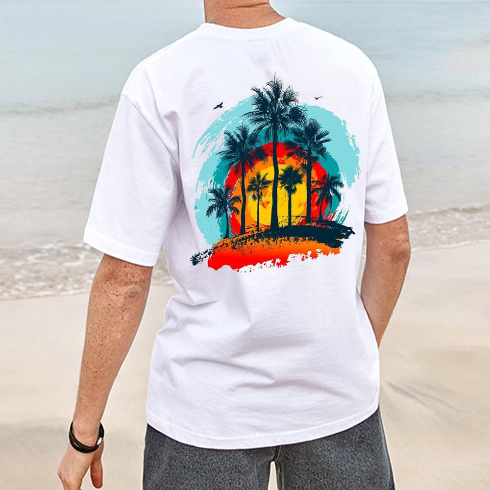 Men Beach Palm Print Casual Tee