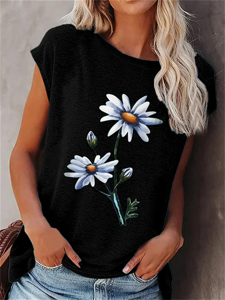 Women's T shirt Tee Black White Pink Floral Print Half-Sleeve Holiday Weekend Basic Round Neck Regular Floral Painting S