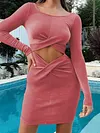 Stylish Knitting Solid Color Cross-Strap Hollow Long Sleeves Round-Neck Mini Dress