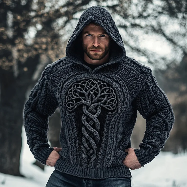 Men's Viking Tribal Tree Of Life Celtic Chunky Cozy Knit Hooded Sweater