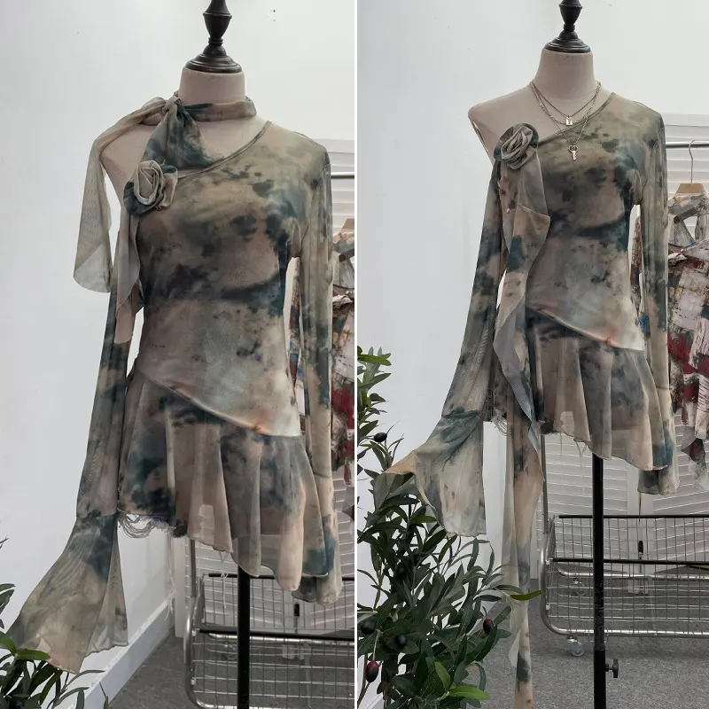 Churchf Spice Girls Inclined Shoulder Horn Long-Sleeved T-Shirt Around The Neck With Flowers Lotus Leaf-Lace Mesh Yarn Women 9985