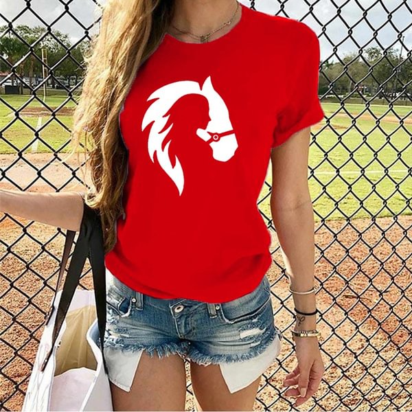 cute horse head print t shirts for women&Girls casual round neck tees top summer women`s loose fit t-shirt [] - Shop Trendy Women's Clothing | LoverChic