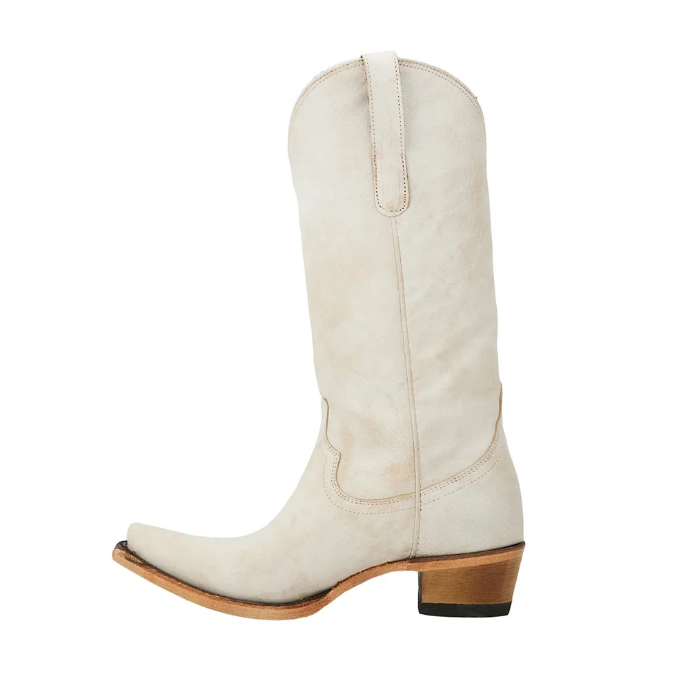 Ivory Snip Toe Chunky Heel Distressed Mid Calf Cowgirl Boots