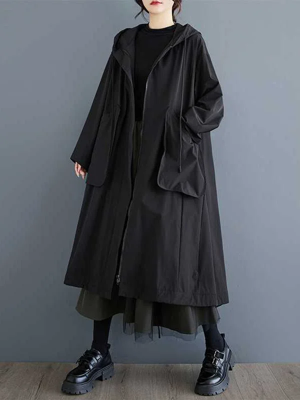 Casual Balck Hooded Pockets Zip-up Drawstring Hem Long Sleeve Trench Coat
