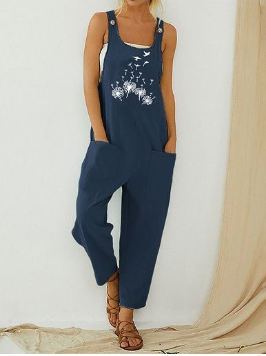 Women's Dandelion Print Pocketed Suspender Jumpsuit