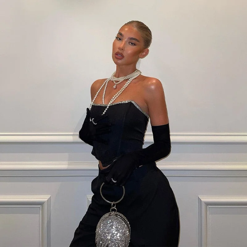 wsevypo Sexy Off Shoulder Strapless Crop Tops with Gloves Chic Women Tank Tops Black Sleeveless Wrap Corsets Bustiers Set