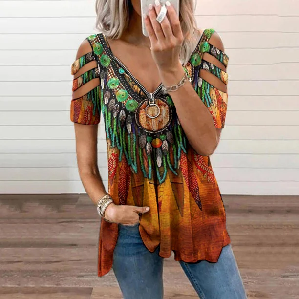 Western Printed Zipper Casual T-Shirt