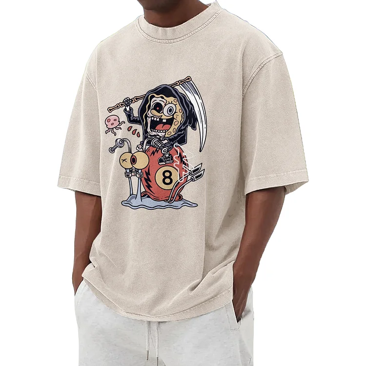Fun and cute skull pattern washed T-shirt 008