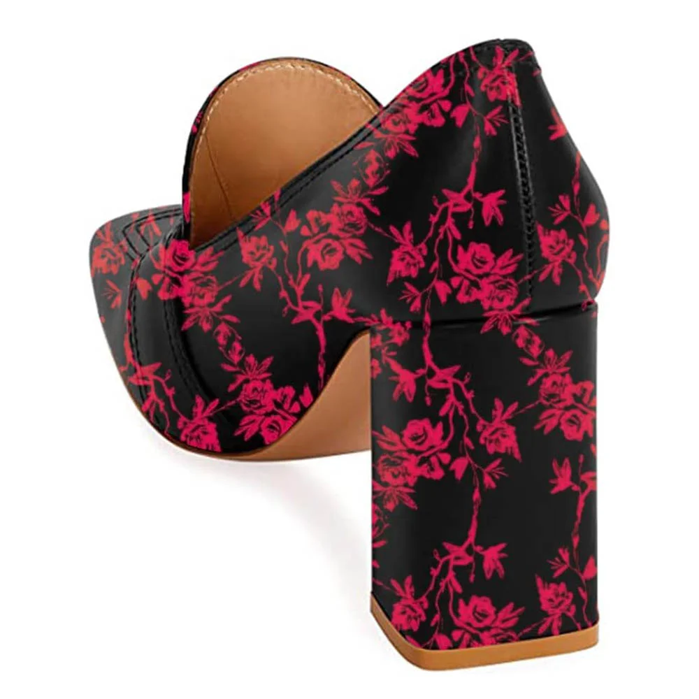 Square Toe Buckle Fuchsia Flower Chunky Heeled Loafers Women