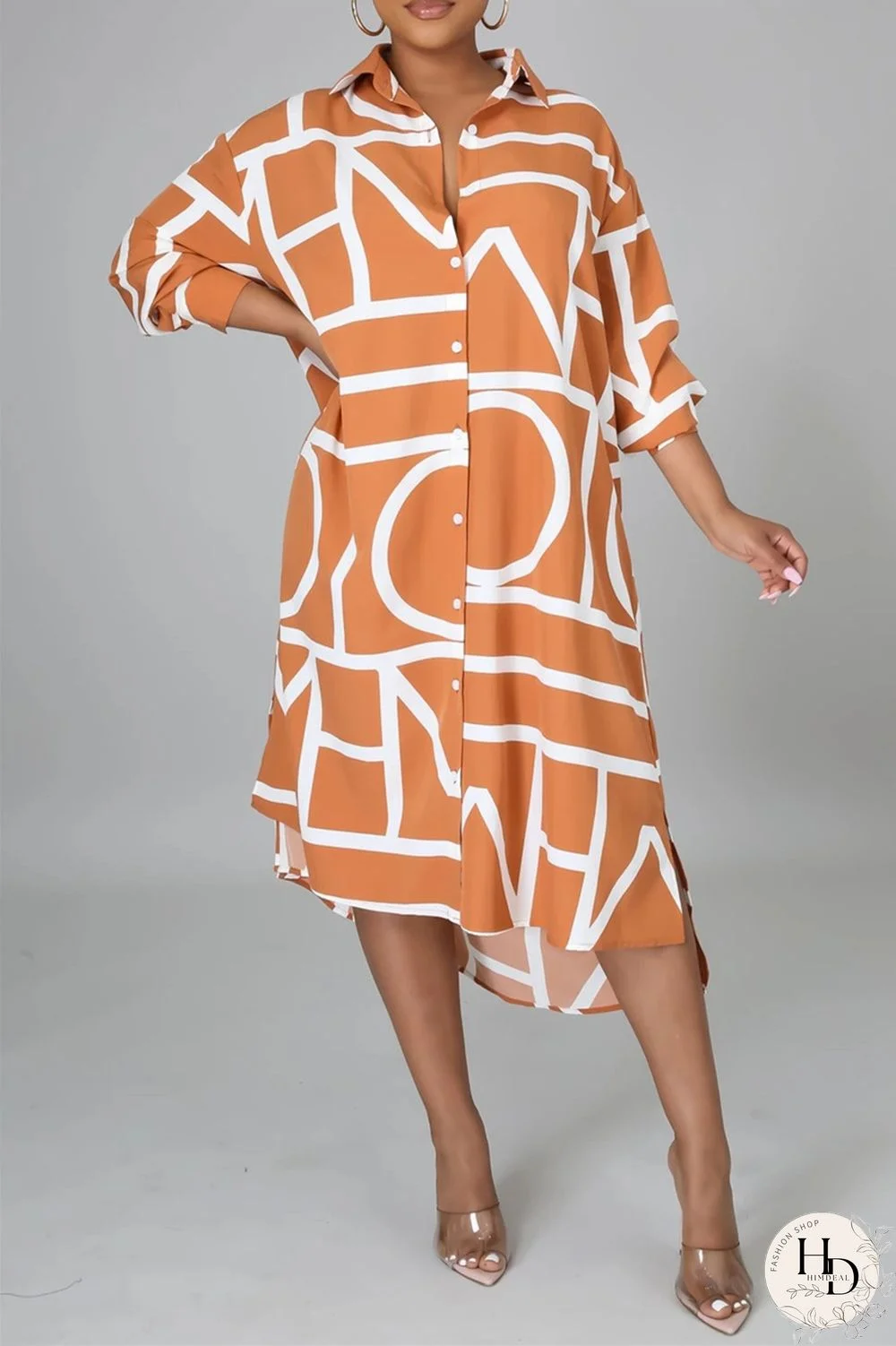 Orange Fashion Casual Print Basic Turndown Collar Long Sleeve Shirt Dress