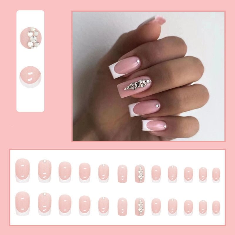 24Pcs Square Head Ballet False Nails with Rhinestones Simple French Coffin Fake Nails Full Cover Nail Tips Press on Nails
