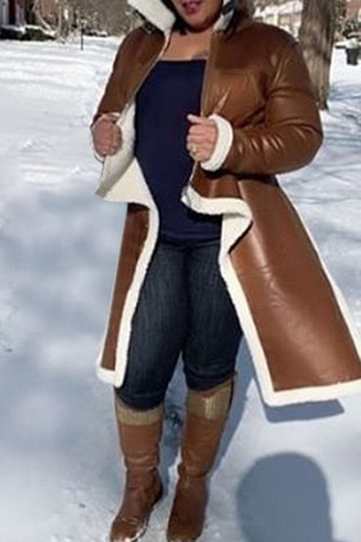 Xpluswear Plus Size Casual Brown Leather Teddy Turtleneck Ruffle Asymmetrical Outwear Long Sleeve Jacket Winter Coat
