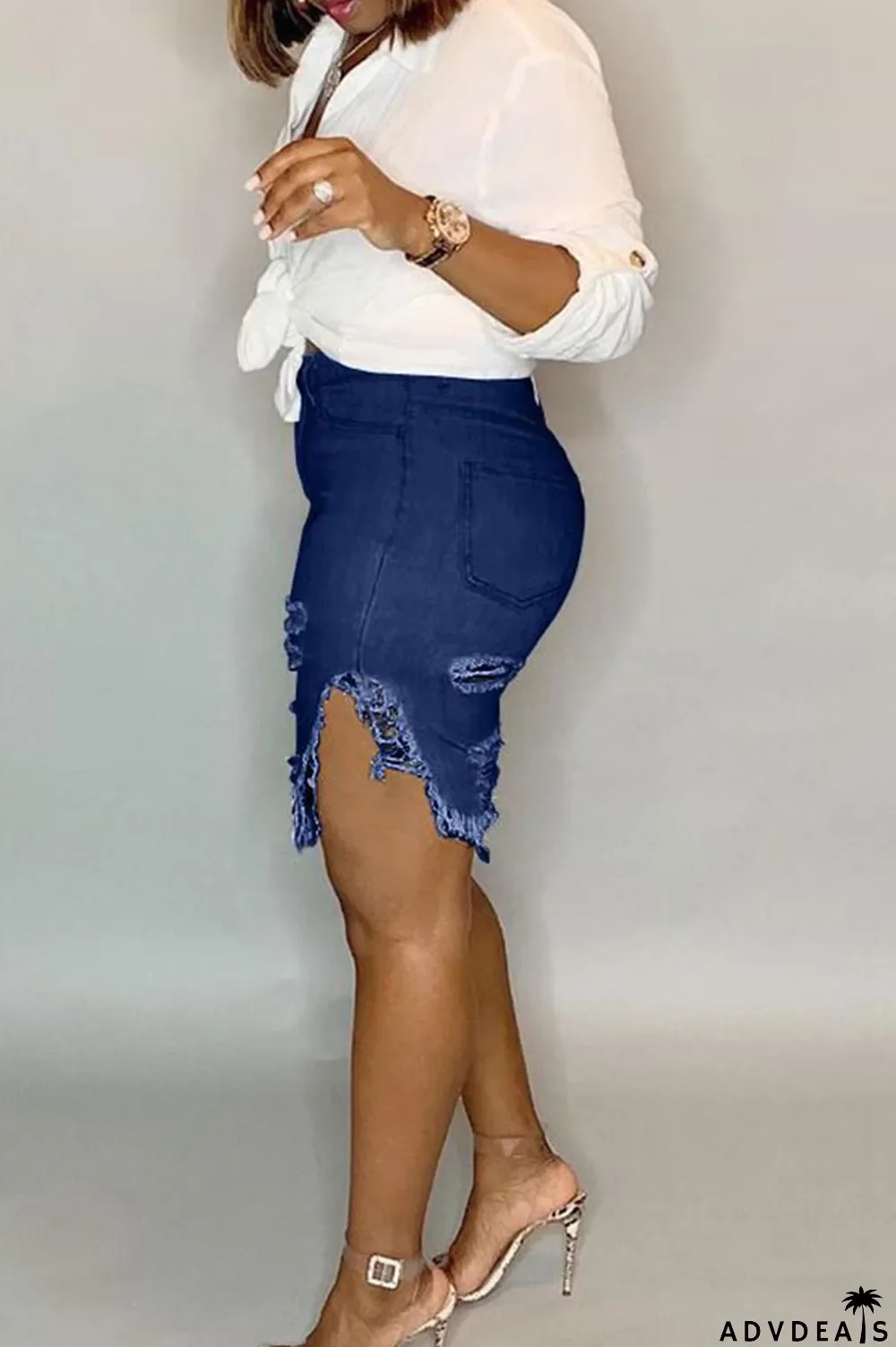 Light Blue Black Light Blue Dark Blue Denim Button Fly Mid Asymmetrical Boot Cut Capris Bottoms