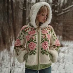 Women's Bohemian Style Pink Rose Art Cozy Fur Collar Knit Hooded Sweater Jacket - Image 2