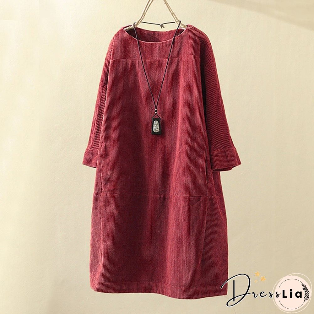 Pleated Long Sleeve Casual Solid Casualdress Linen