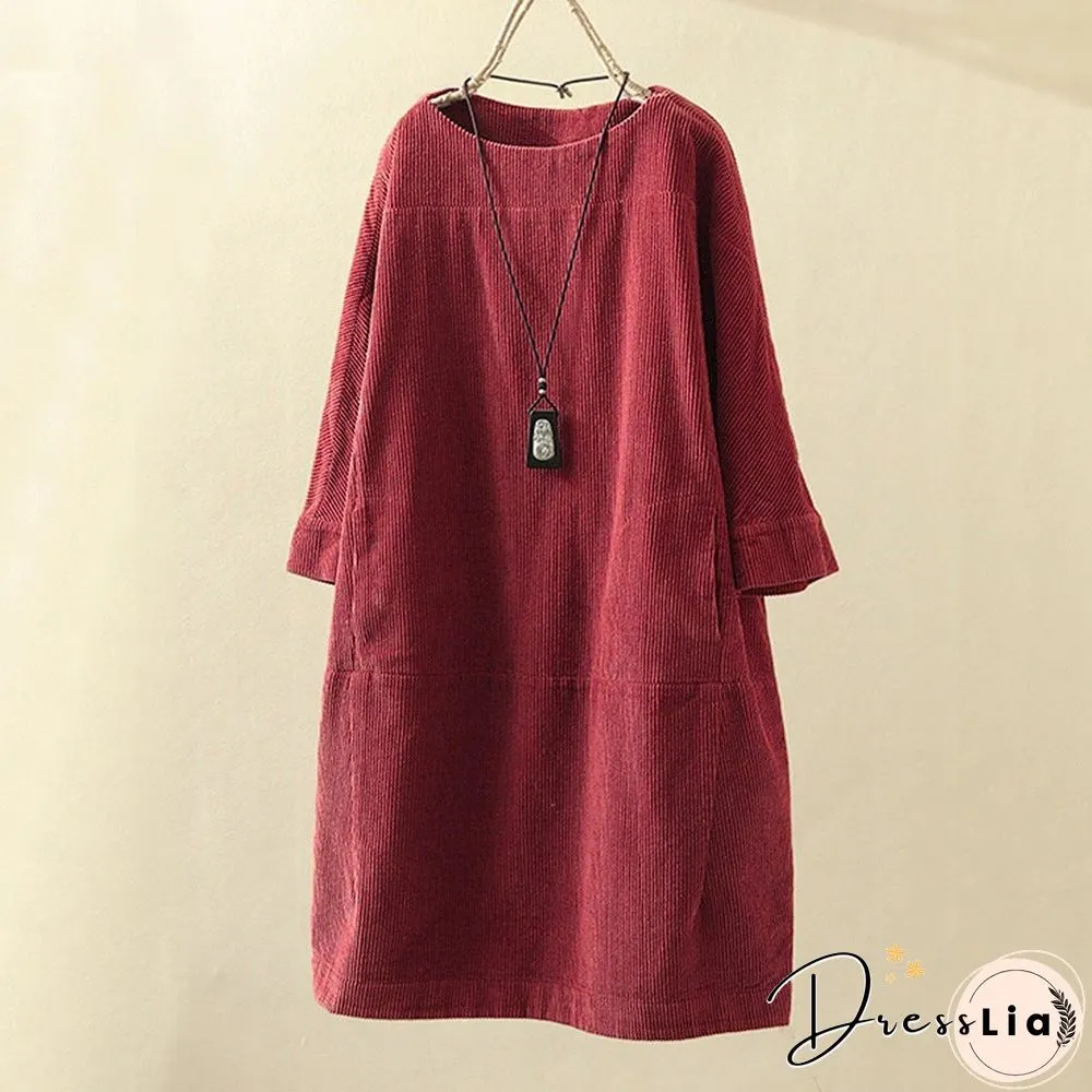 Pleated Long Sleeve Casual Solid Casualdress Linen