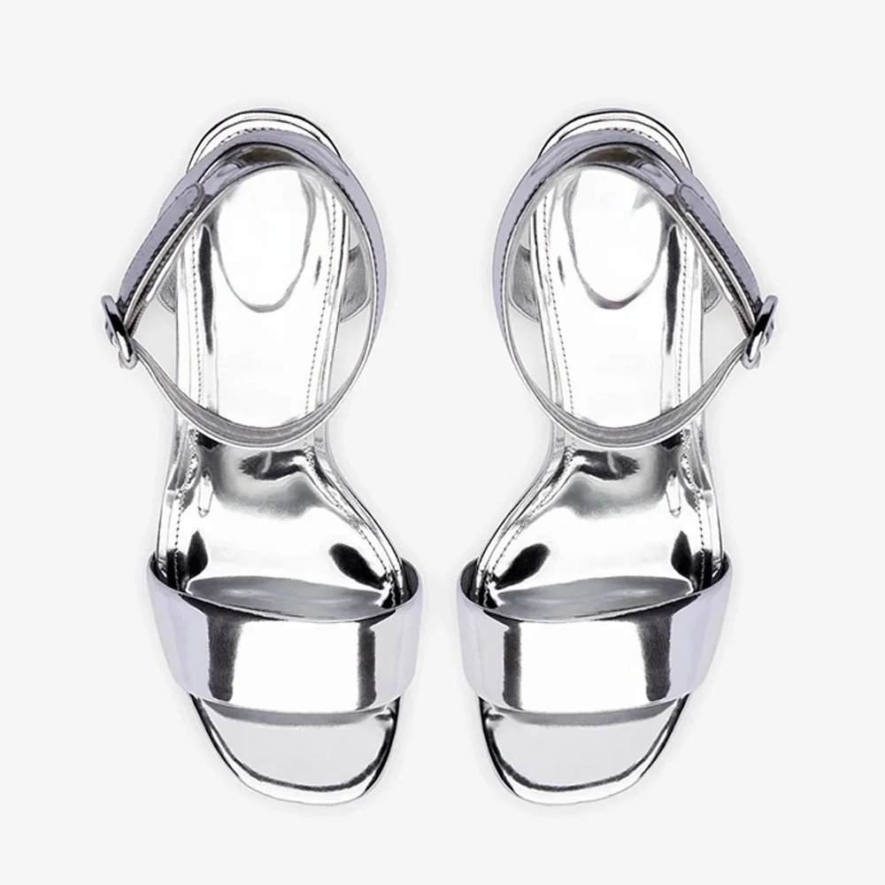 Open Round Toe Chunky Heel Buckle Silver Sandals with Platform