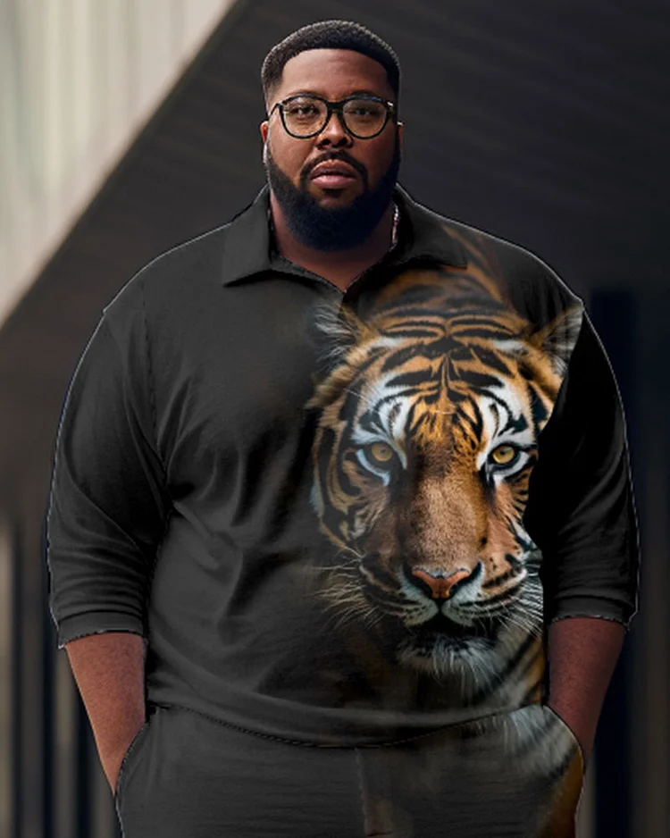 Men's Plus Size Gradient Tiger Zip Shirt and Pants Two Piece Set