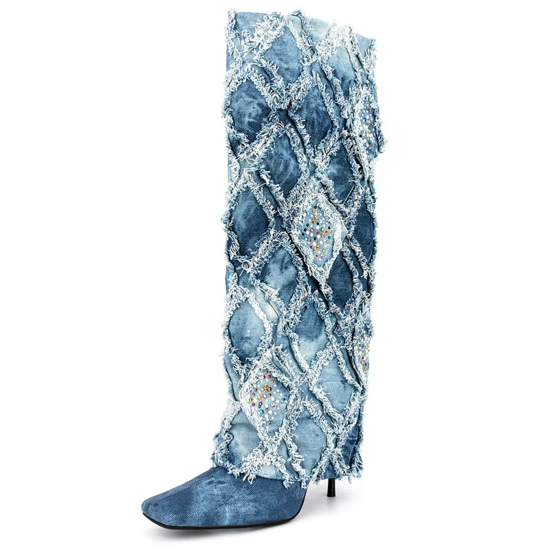 Women's Sexy New Style Denim Square Toe Rhinestone Stiletto Boots Mid-Calf Boots Novameme