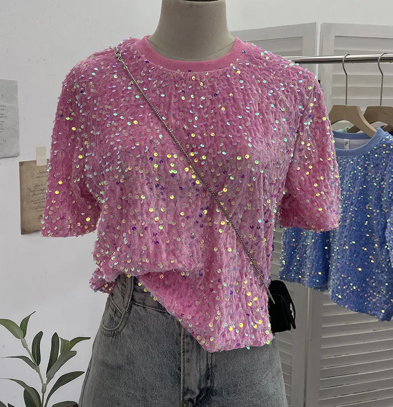 Nigikala Nigikala Sequin Short Sleeve T-Shirt 2025 Spring And Summer Korean Version Of Loose Night Club Bling Top 9088