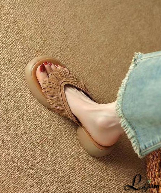 Brown Chunky Suede Boutique Tassel Splicing Slide Sandals