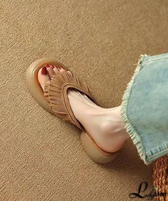 Brown Chunky Suede Boutique Tassel Splicing Slide Sandals