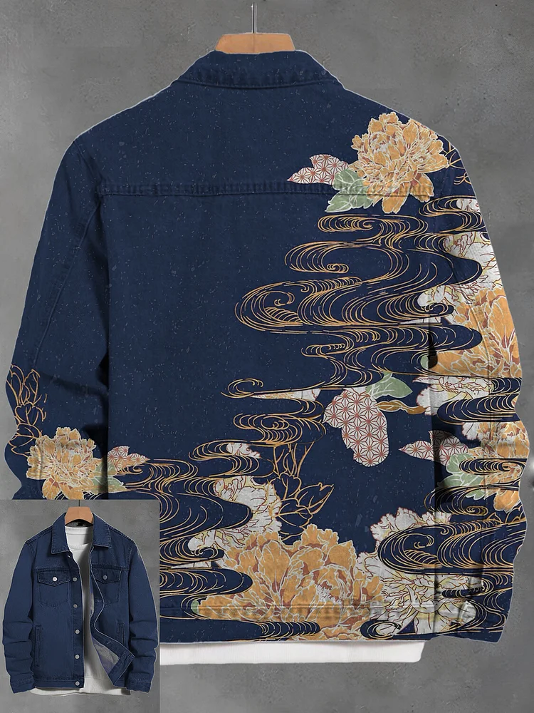 Men's Vintage Floral Japanese Art Print Denim-Like Long Sleeve Jacket