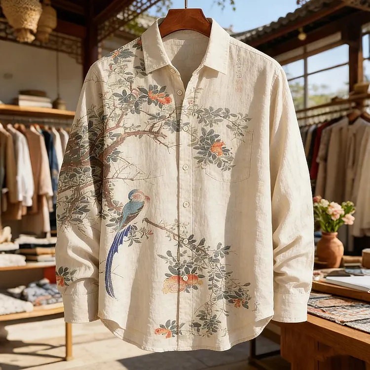 Men's Vintage Tree Bird Art Painting Print Long Sleeve Shirt