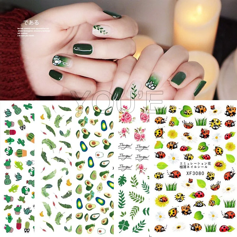 Nail Art Stickers Cactus Sticker for Nails Art Decals Avocado  Adhesive Flower Leaves Manicure for Nails Design Decoration Art