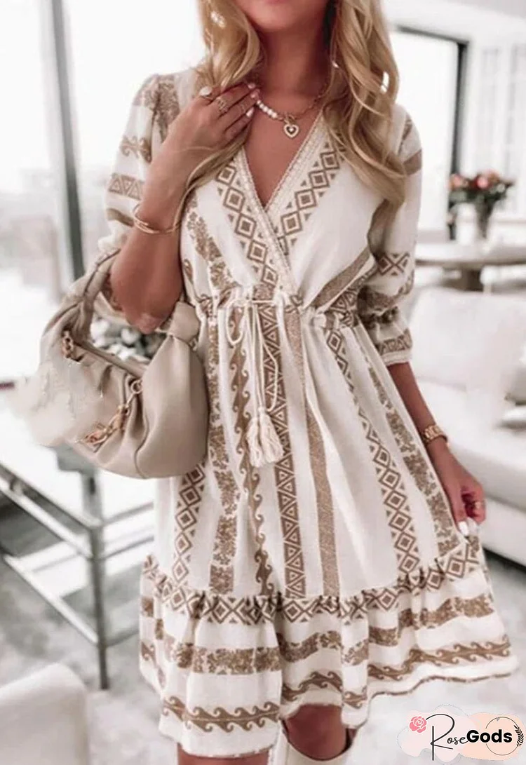 Casual Rhombus Print Mini Dress Women Summer Elegant 3/4 Petal Sleeve Loose Beach Dress Sexy V Neck Tassel Lace-Up Party Dresses