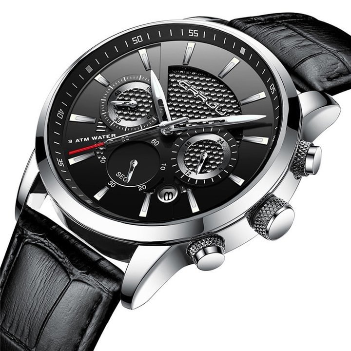 Leather Strap Chronograph Sports Quartz Waterproof Date Mens Watches-VESSFUL