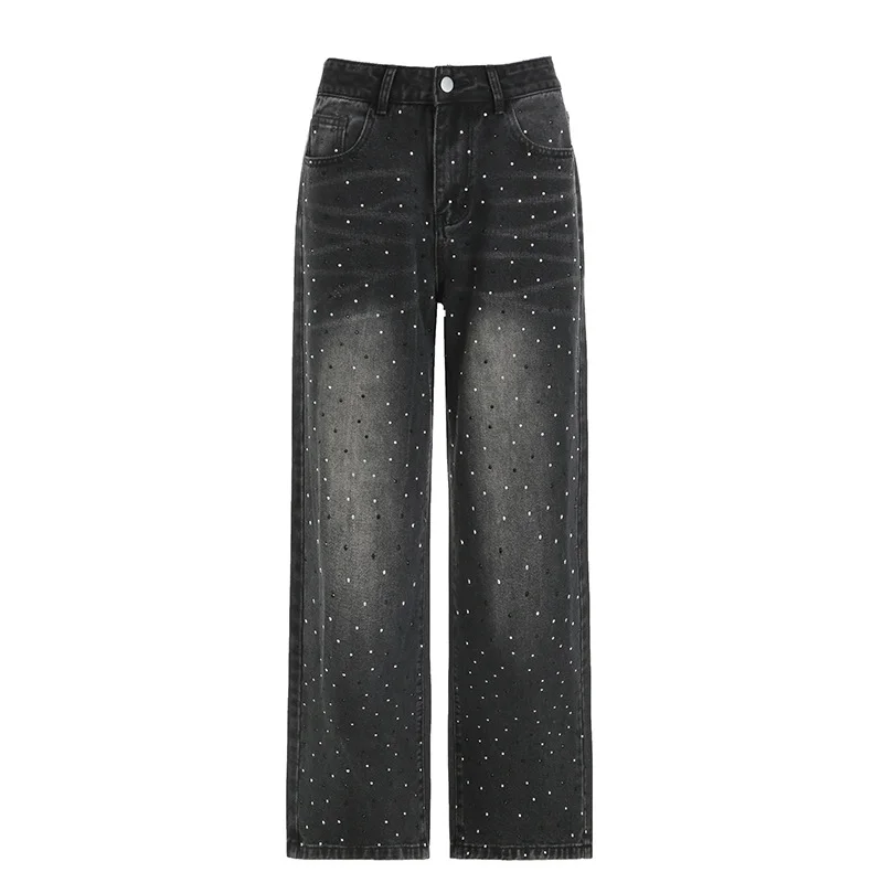 Ueong Personality Hot Drill To Make Old Loose Wide-Legged Low-Waisted Jeans New Drooping Casual Pants In Spring And Summer 2024