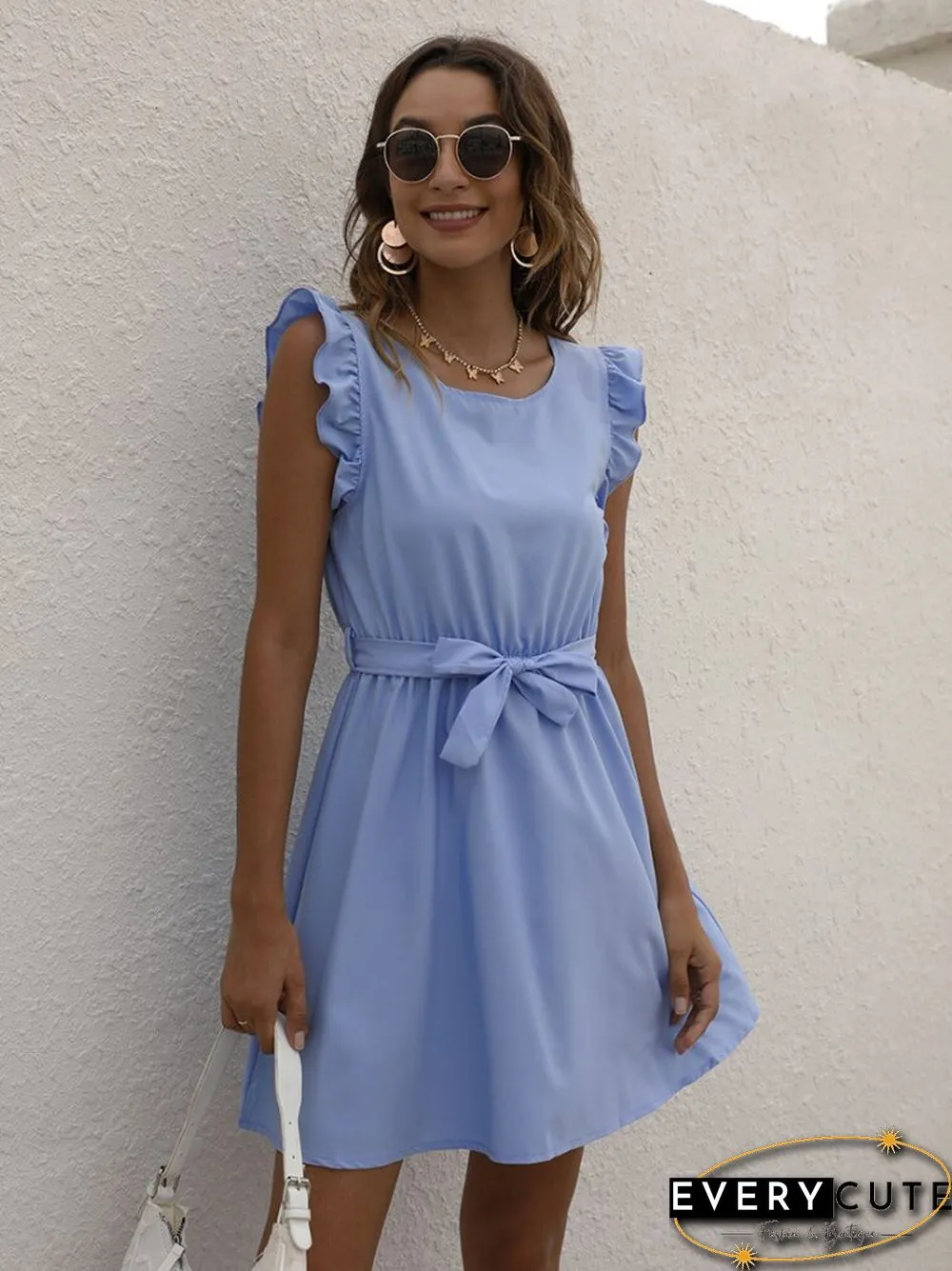 Summer Casual Dress Solid Color Round-neck Waist Ladies Skirt Temperament Commuter Office