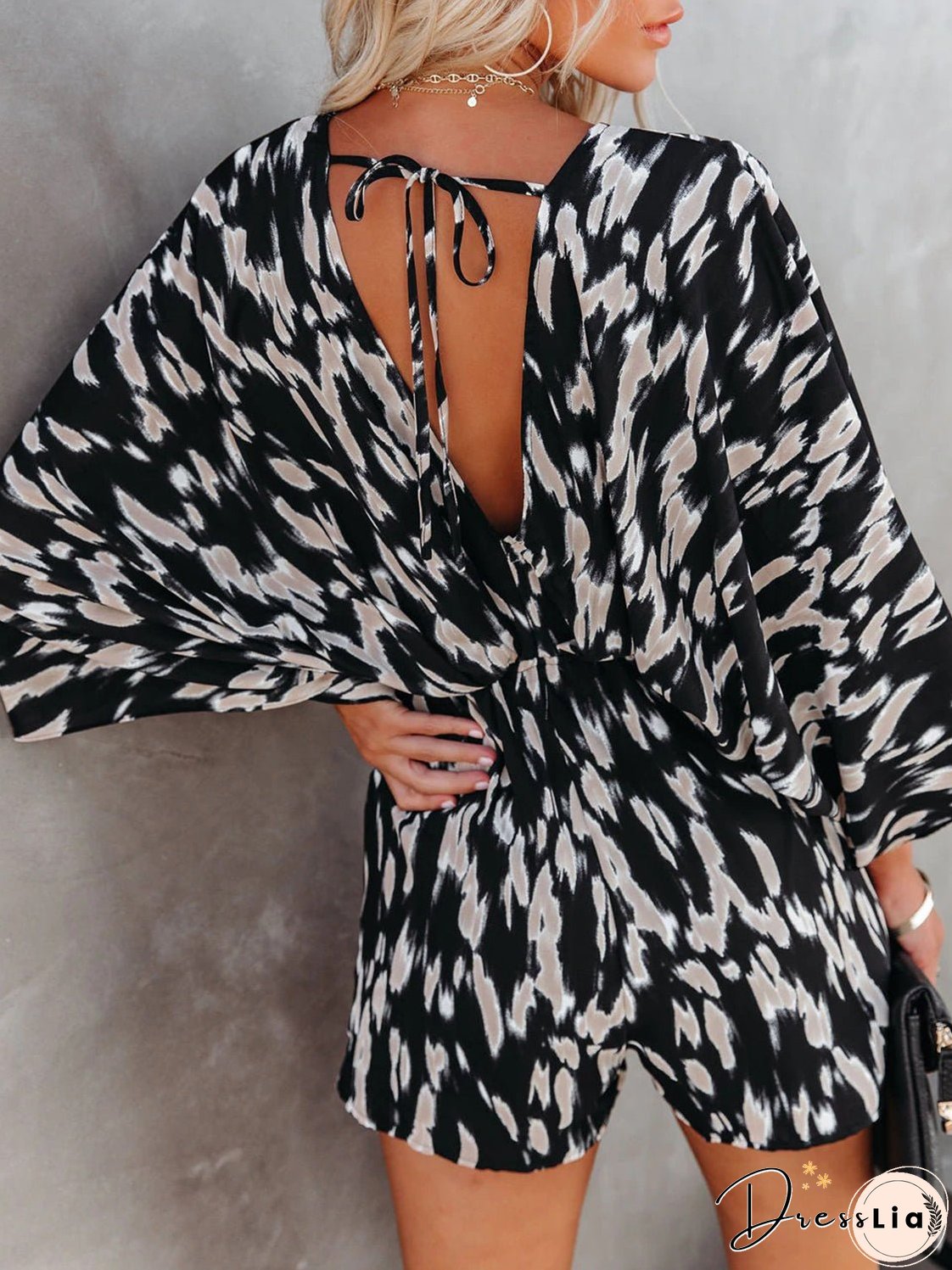 Tied Printed Kimono Sleeve Romper