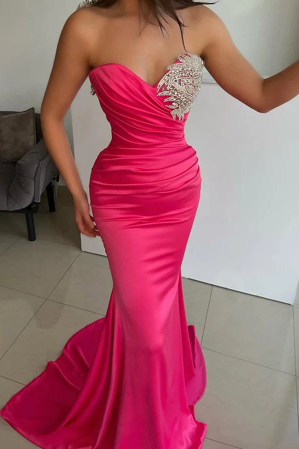 Daisda Fuchsia Sleeveless Strapless  Mermaid Beads Prom Dress