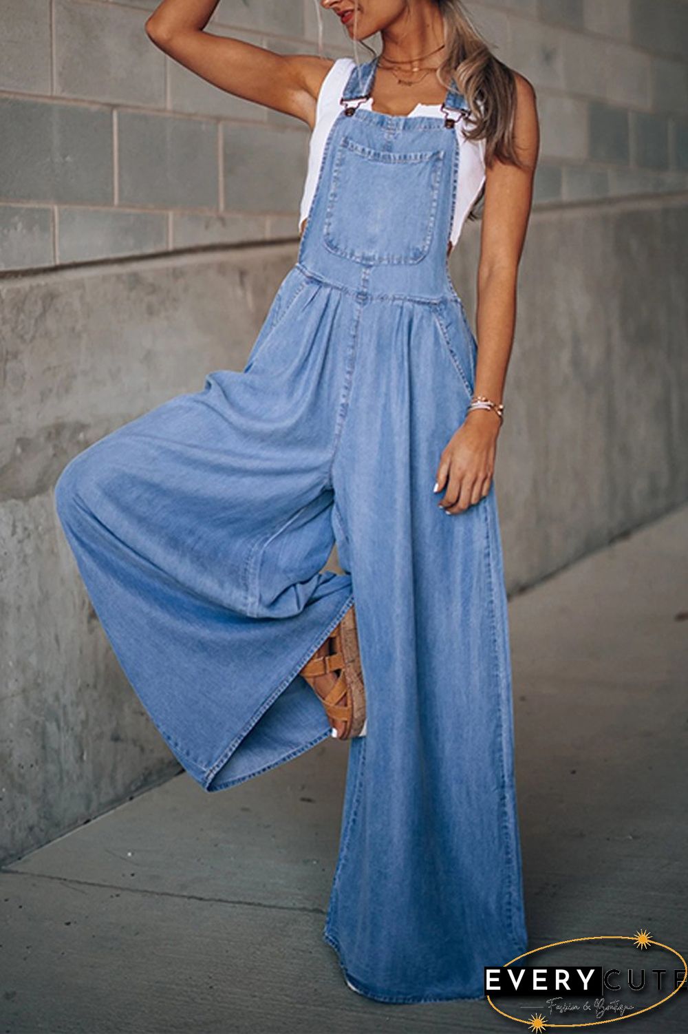 Denim Wide Leg Suspenders Jumpsuit