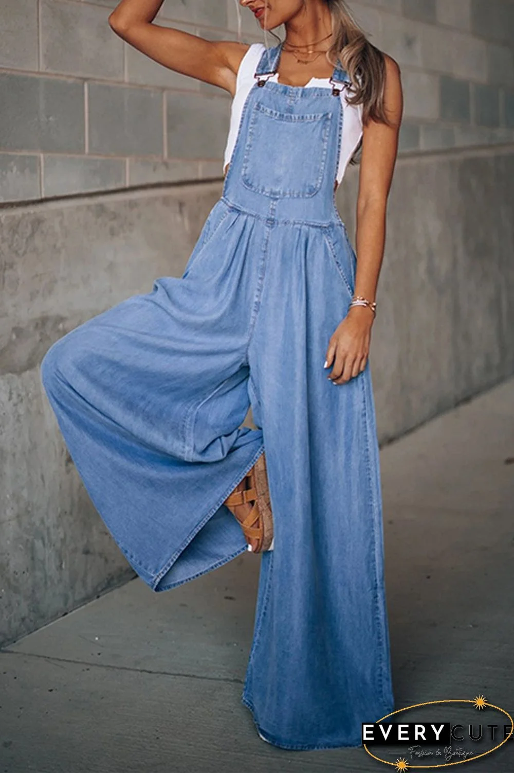 Denim Wide Leg Suspenders Jumpsuit