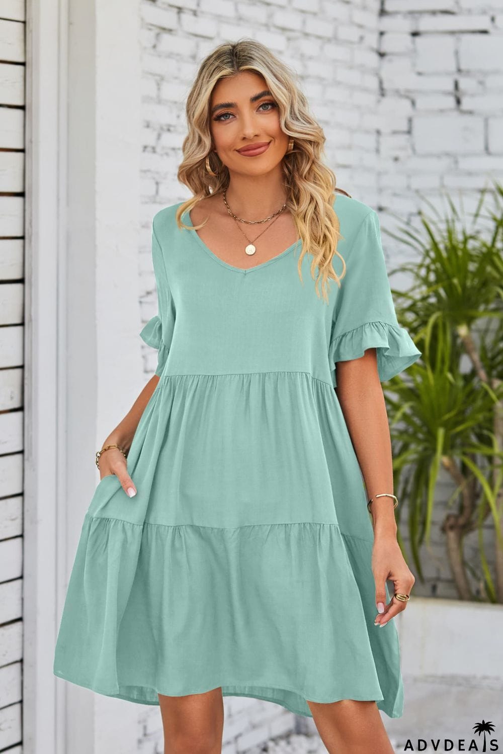 V-Neck Flounce Sleeve Tiered Dress