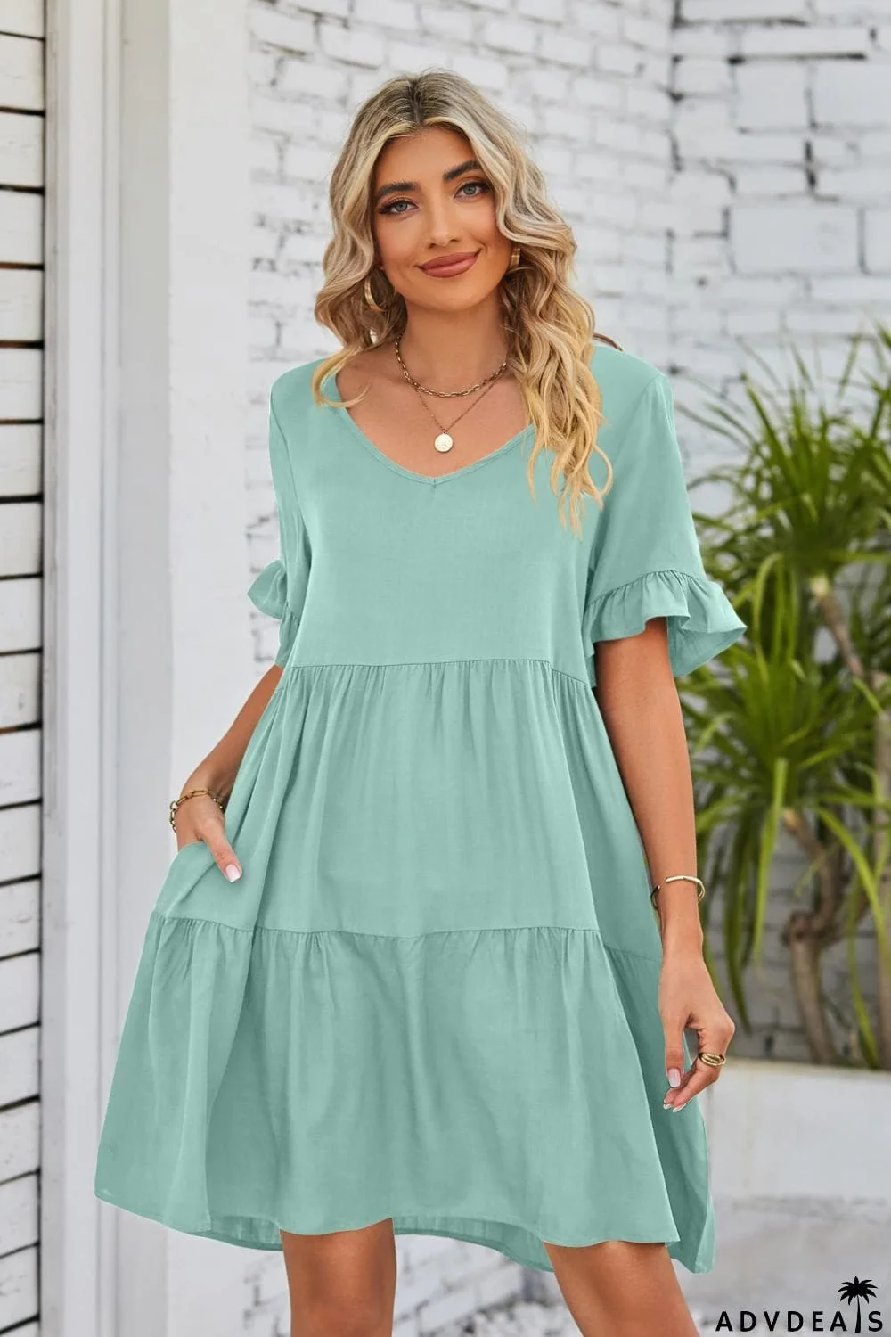 V-Neck Flounce Sleeve Tiered Dress