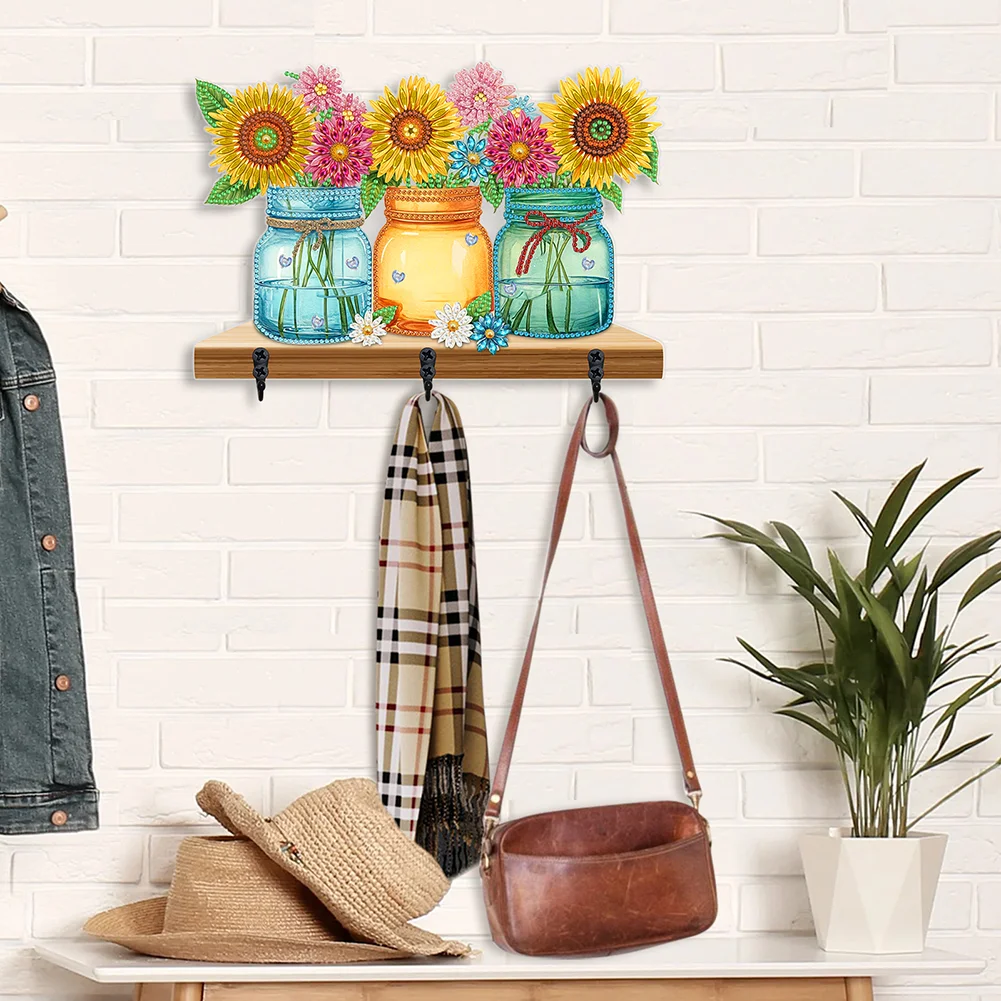 5D DIY Sunflower Vase Diamond Art Hooks Rhinestone Painting Coat Hook