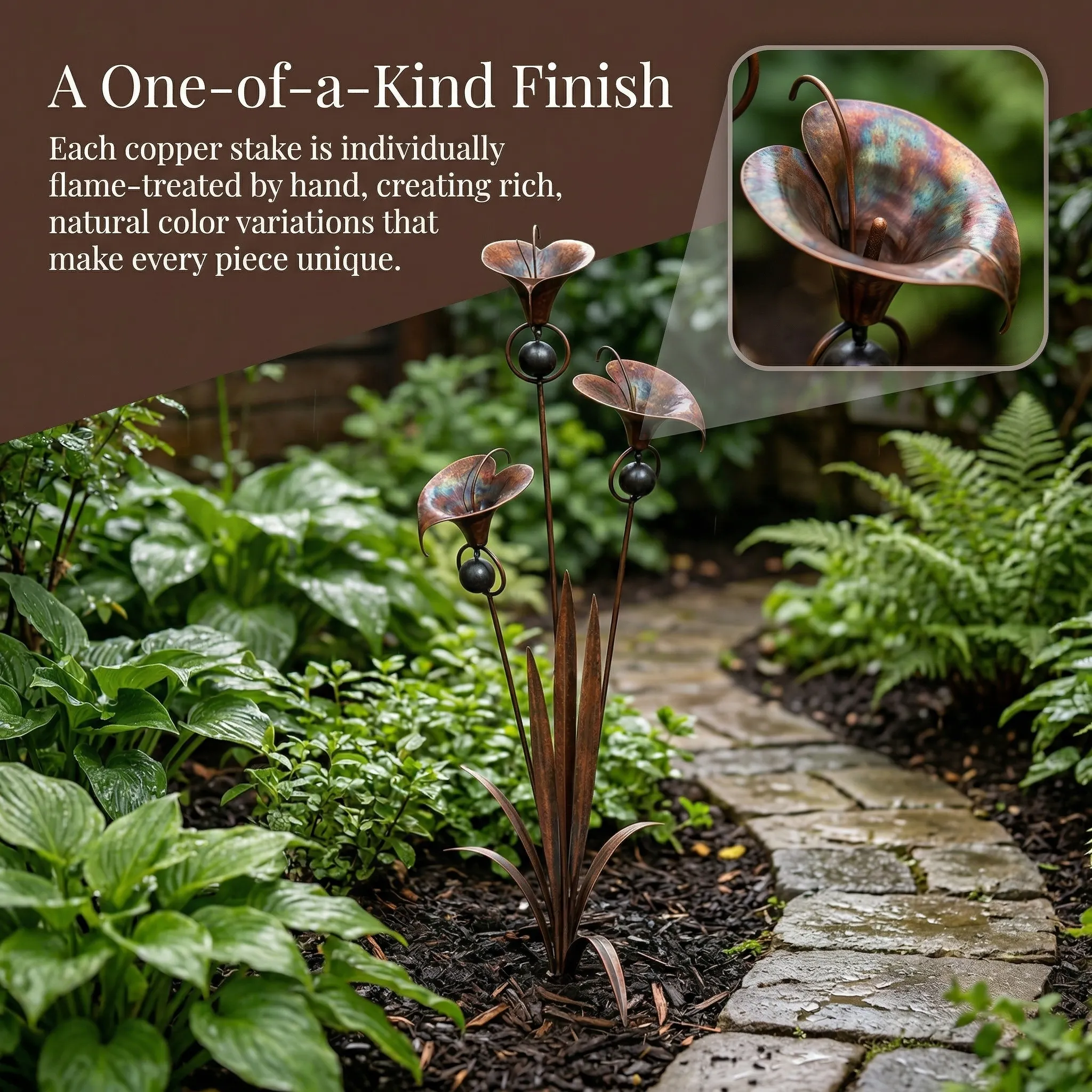 Flamed Copper Three Calla Lilies Garden Stake with Bells, 28" Handcrafted Outdoor Yard Art