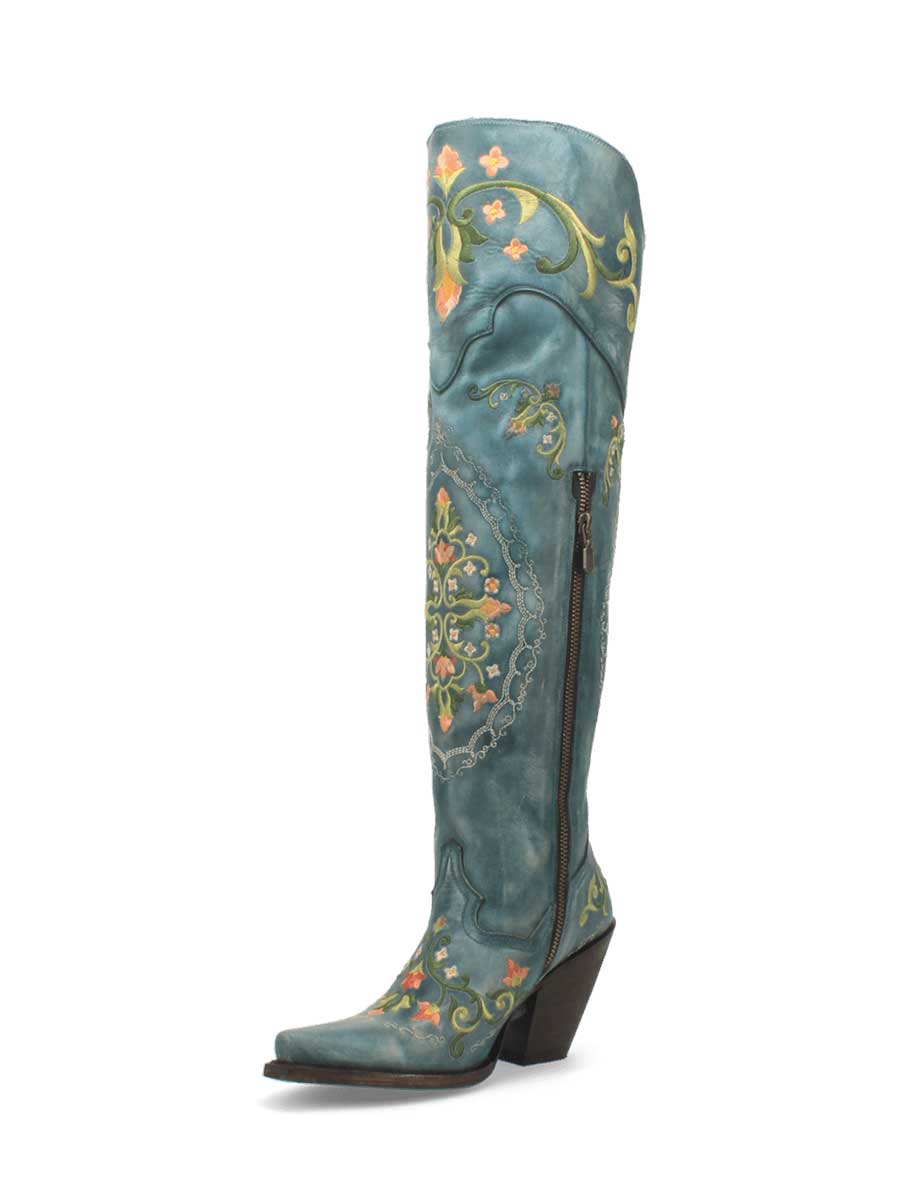 Vintage Teal Snip Toe Chunky Heel Embroidered Over the Knee Boots
