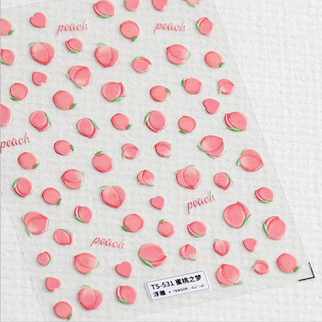 Beautizon Cherry Peach Fruit Cute Image Quality 3D Engraved Nail Stickers Nail Art Decorations Nail Decals Design