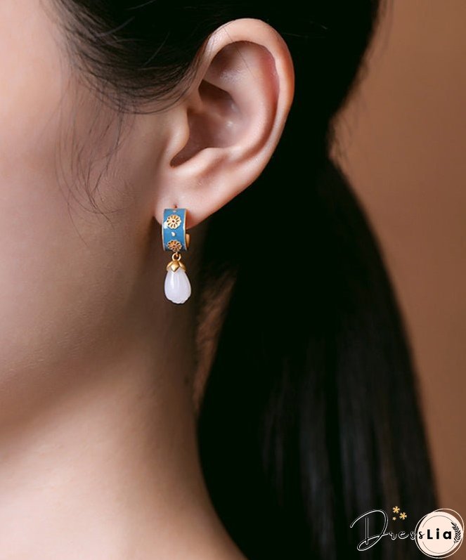Simple White Copper Inlaid Hetian Jade Stud Earrings