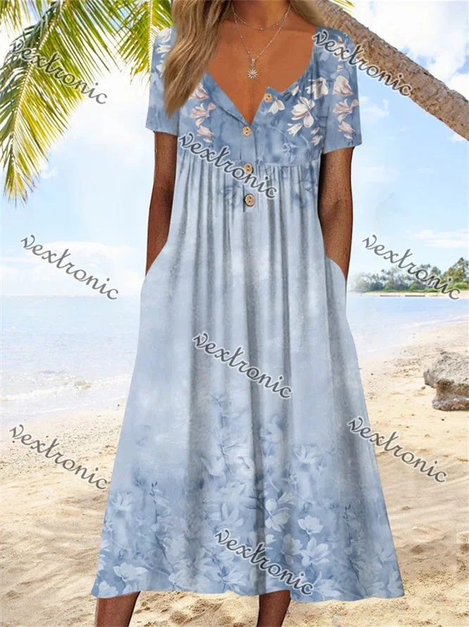 Women's Blue Short Sleeve V-neck Graphic Floral Printed Buttons Midi Dress