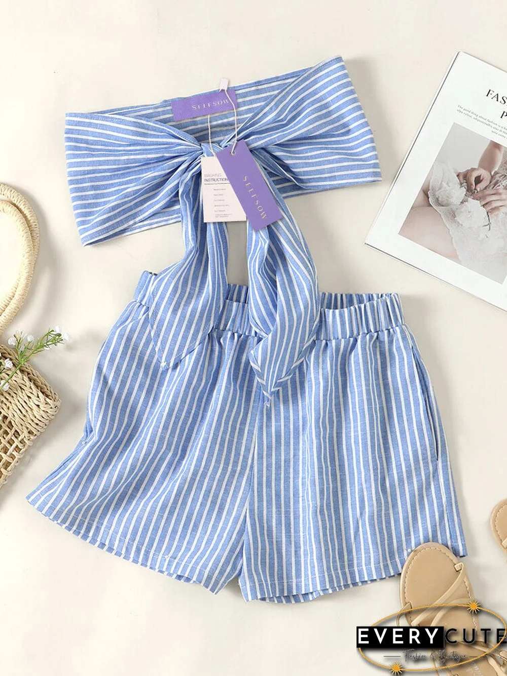 Selfsow Blue And White Stripe Tie Front Tube Pocket Two Pieces Suit